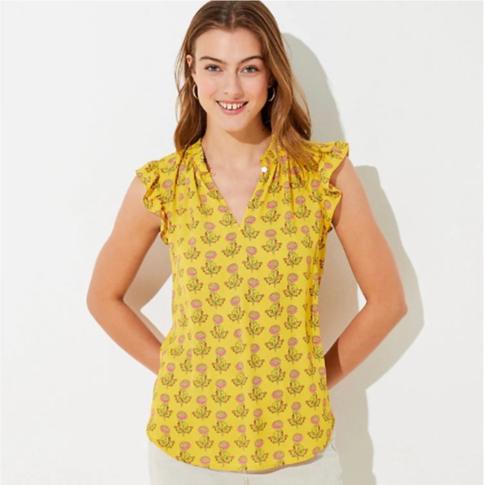 LOFT Peony Ruffle Split Neck Top